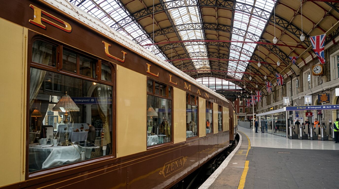 A luxury heritage train crossing the English countryside at sunrise